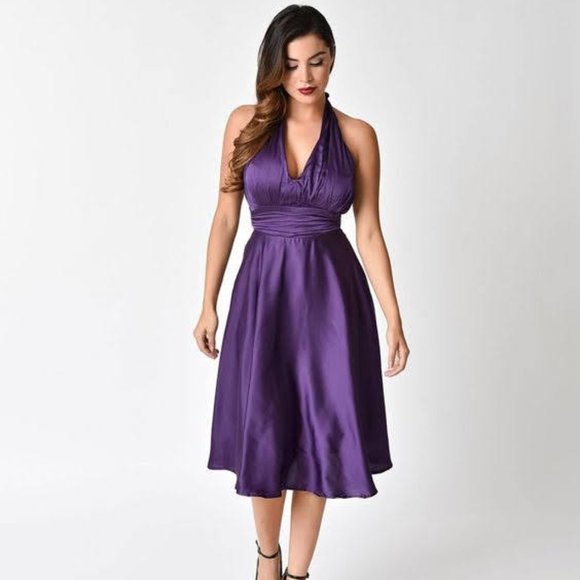 Unique Vintage 1950s Style Purple Satin Halter Hyannis Swing Dress - Picture 1 of 6